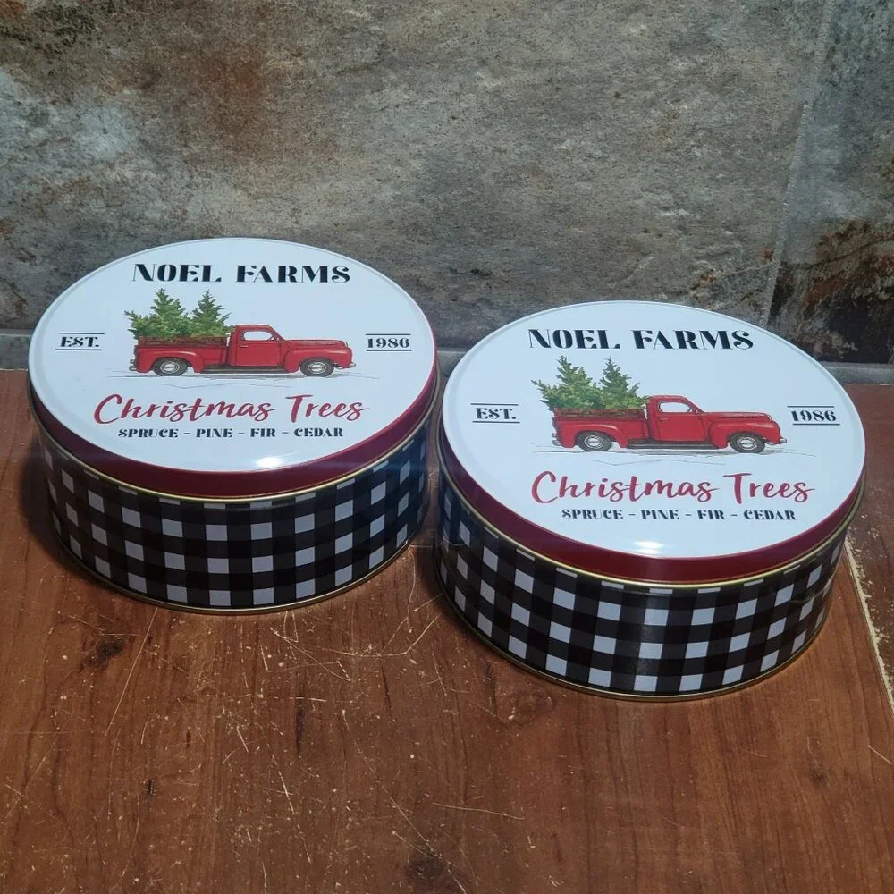 Two Noel Farms Round Christmas Cookie Candy Tins with Lids